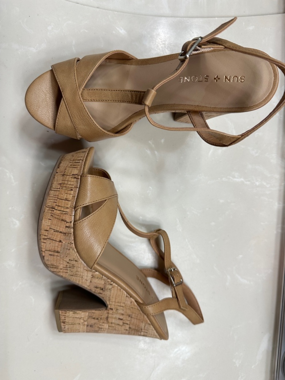 Sun + Stone Tan Cork Platform Wedges